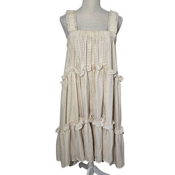 Mable Gingham Tan Beige White Sz SM Tiered Dress High Low - Picture 2 of 9
